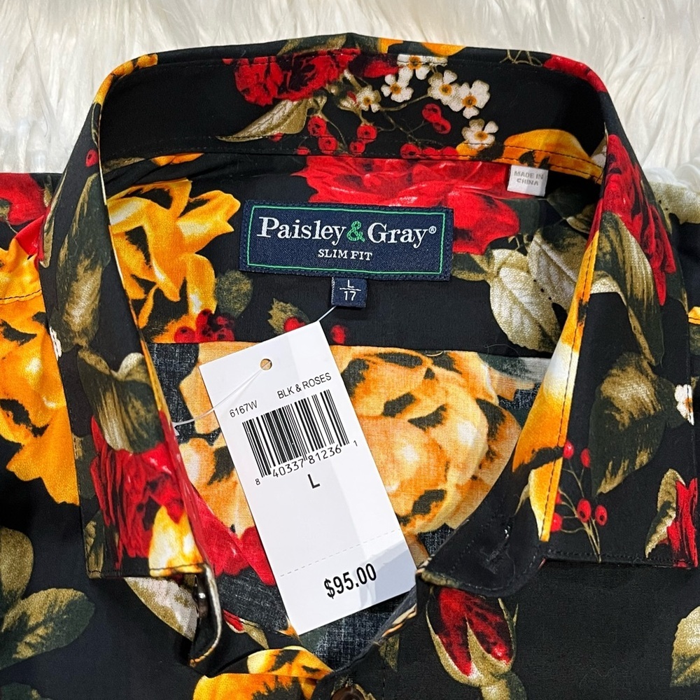 Paisley & Gray Slim Fit Tab Collar Black All Over Print Roses Club Shirt - Picture 6 of 14